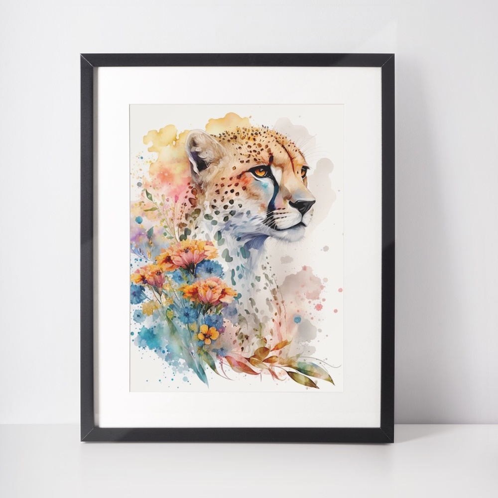 Cute Floral Cheetah Watercolor Wall Art Illustration Print Poster Card Unframed - Picture 3 of 8